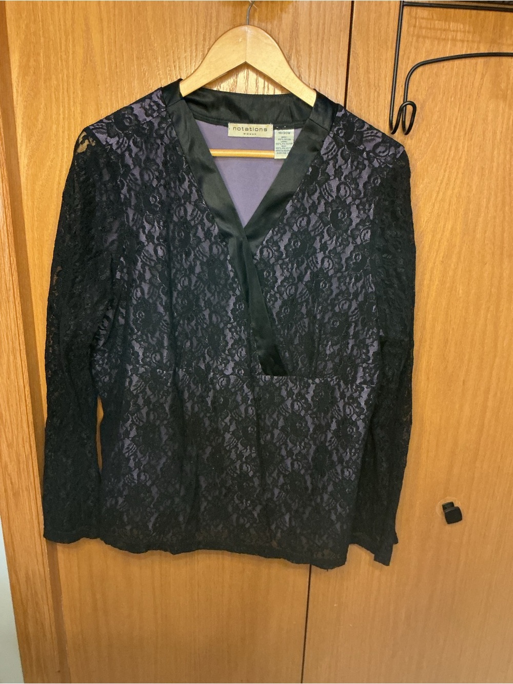 Notations Black Lace V-Neck Long Sleeve Blouse with Purple Lining